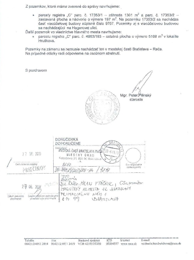 List mestskej časti magistrátu so žiadosťou o zámenu pozemkov z 23. mája 2013.